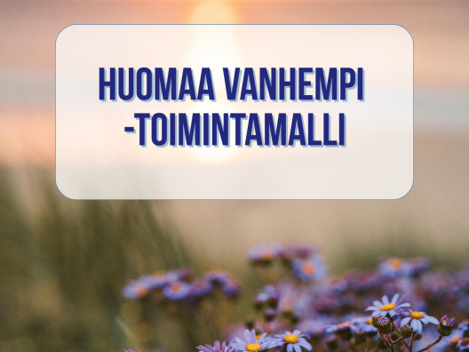 Huomaa vanhempi -toimintamallin kansikuva, jossa otsikko, ja taustalla auringonlasku sekä kukkia