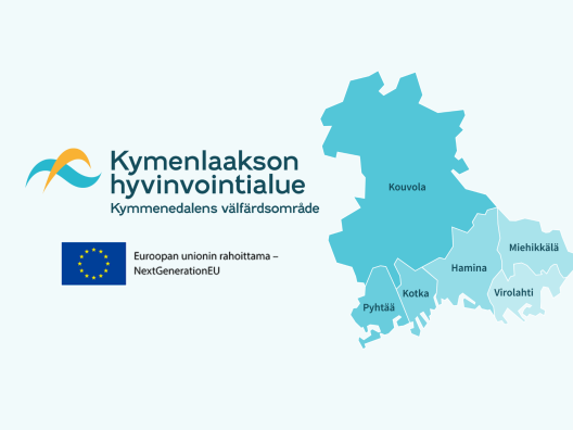 Kymenlaakson hyvinvointialueen ja EU:n logot sekä karttakuva Kymenlaakson hyvinvointialueesta