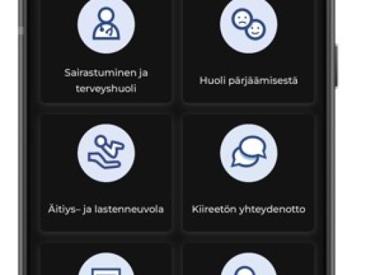 Päijät-Sote-sovelluksen Koti-sivulla oleva kiireetön yhteydenotto -painike ohjaa käyttäjän digiklinikan palvelukanavalle.