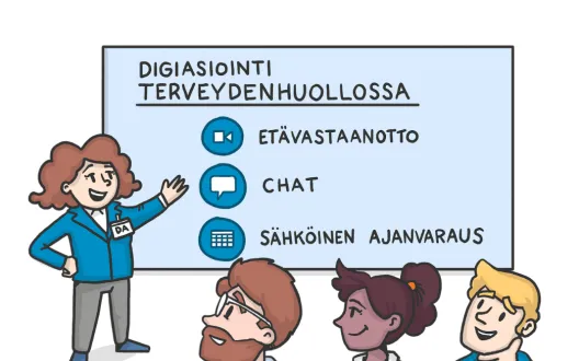 Kuvassa yksi kouluttaja ja kolme koulutukseen osallistujaa. Kuvassa teksti: Tervetuloa koulutukseen.