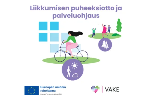 Pyöräilevä henkilö ja luonnossa liikkuvia henkilöitä.