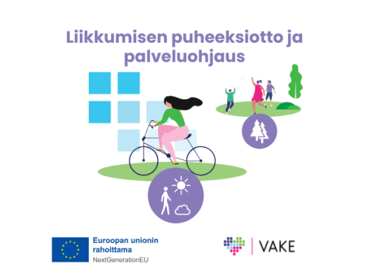 Pyöräilevä henkilö ja luonnossa liikkuvia henkilöitä.