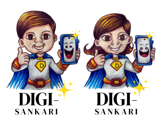 Piirretyt digisankarihahmot pitävät kädessään puhelinta.