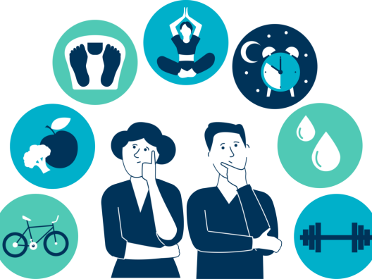 Nainen ja mies, joiden yllä kehässä pieniä kuvia elintapoihin, kuten liikuntaan ja ruokailuun, liityen