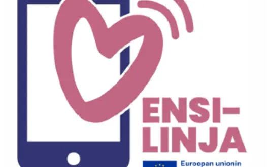 Ensilinjan logo, jossa violetti puhelin ja Oma Hämeen sydän ja RRP2-logo