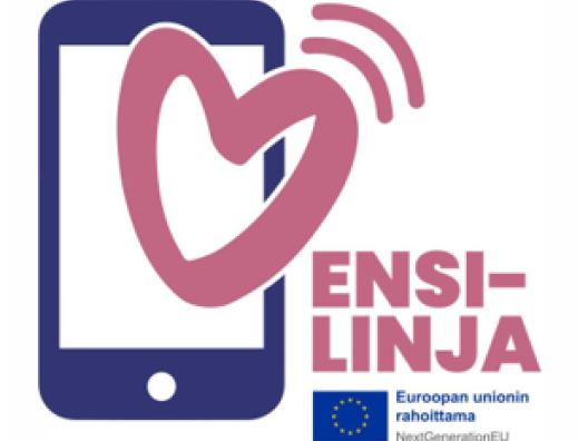 Ensilinjan logo, jossa violetti puhelin ja Oma Hämeen sydän ja RRP2-logo