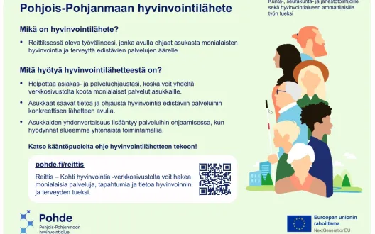 Pohjois-Pohjanmaan hyvinvointilähete-esite, jossa kerrotaan työvälineen tarkoitus ja hyödyt ammattilaisille.