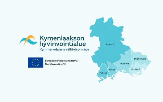 Kuvassa näkyy Kymenlaakson hyvinvointialueen logo, Euroopan unionin rahoittama -tunnus sekä graafinen kuvitus Kymenlaakson kunnista.