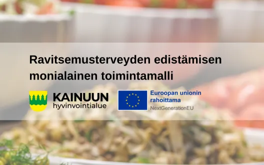 Ravitsemusterveyden edistämisen monialainen toimintamalli. Kainuun hyvinvointialueen ja Euroopan unionin logot. Taustalla erilaisia ruokia astioissa.