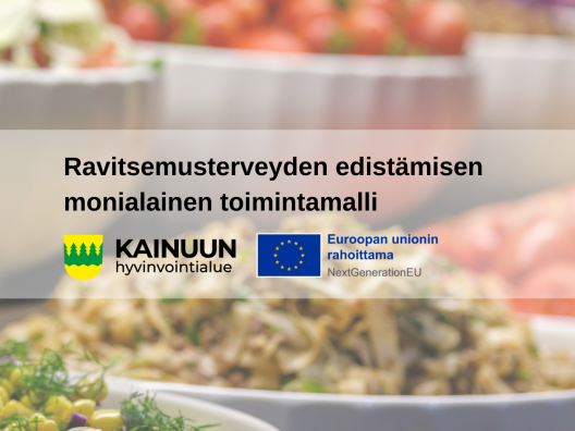 Ravitsemusterveyden edistämisen monialainen toimintamalli. Kainuun hyvinvointialueen ja Euroopan unionin logot. Taustalla erilaisia ruokia astioissa.
