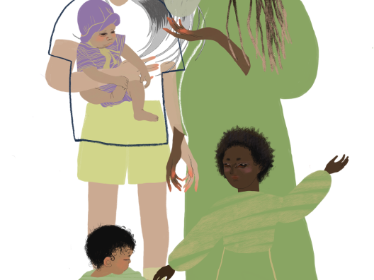 Piirretty kuva, jossa kaksi aikuista ja kolme pientä lasta. Henkilöt kuvastavat moninaisuutta sukupuolen ja etnisyyden suhteen. 