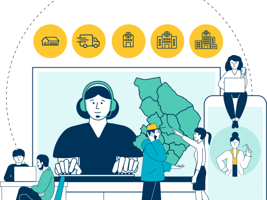 Iso kuva hoitajasta, joka on tietokoneella. Takana Pohjois-Karjalan kartta. Kuvan etuosassa mies sairaanhoitajan vastaanotolla, naislääkäri, mies ja nainen ja nuori nainen kannettava tietokone sylissä. 