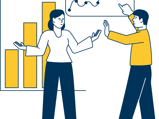 Nainen ja mies, joiden takana kuva pylväs ja viiva diagrammeista