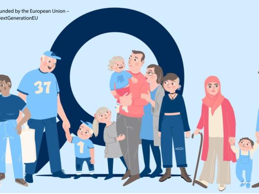 Piirros erilaisista ihmisistä seisomassa yhdessä. Kuvassa on eri-ikäisiä aikuisia ja lapsia, mukaan lukien raskaana oleva henkilö, vanhempi henkilö kepin kanssa sekä pieniä lapsia.