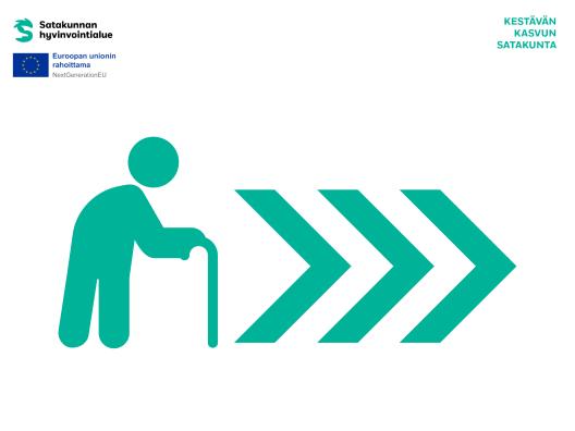 Ikääntynyt kävelykepin kanssa, nopeaa kotiutumista kuvaavat nuolet.