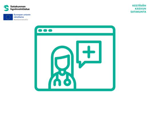 Tietokoneen selainikkuna, jossa näkyy terveydenhuollon ammattilainen ja puhekupla.
