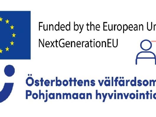 Eu-logo, Pohjanmaan hyvinvointialueen logo, ihminen tietokoneen äärellä