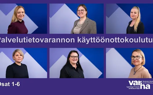 Palvelutietovaranto verkkokoulutuksen etusivu jossa kouluttajien kasvoja 