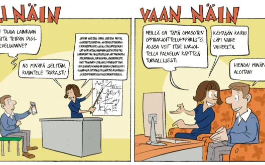 Sarjakuva asiakkaan opastamisesta