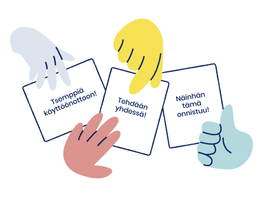 Neljä eri väristä kättä, joka osoittavat kylttejä, joissa on tsemppilauseita käyttöönottoon