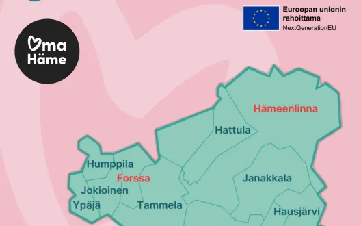 OmaHämeen hyvinvointialueen logo ja kartta hyvinvointialueen kunnista. Otsikkona Diabeteskeskus.