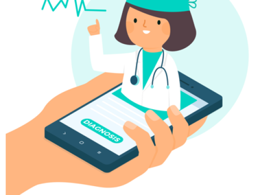 kädessä puhelin, puhelimen ruudulta tulee lääkärin hahmo