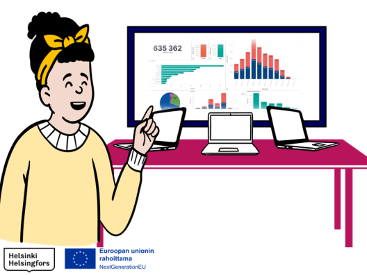 Henkilö esittelee Terveyshyötyarvion näkymää isolta näytöltä. Pöydällä näytön edessä muiden ammattilaisten kannettavia tietokoneita. 