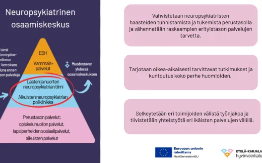 Neuropsykiatrinen osaamiskeskus toimii 1,5 -kerroksen palveluna ennen raskaampia erityistason palveluja vahvistaen neuropsykiatristen haasteiden varhaisempaa tunnistamista ja tukea, tutkimusten ja kuntoutusten oikea-aikaisuutta koko perhe huomioiden sekä sujuvaa yhteistyötä eri-ikäisten palvelujen välillä. 