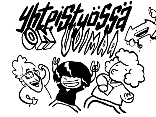 Tiina, vastuutyöntekijä ja ryhmän ohjaaja juhlivat rokisti Tiinan voimaantumista. Yläpuolella lukee rouheilla kirjaimilla Yhteistyössä on voimaa