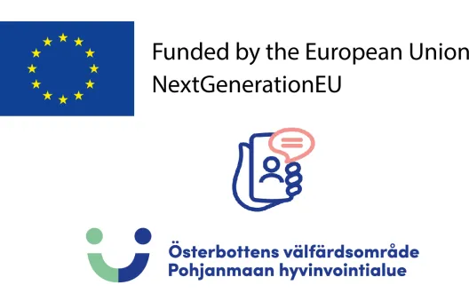 EU-logo, pohjanmaan hyvinvointialueen logo, kuva missä kännykkä kädessä