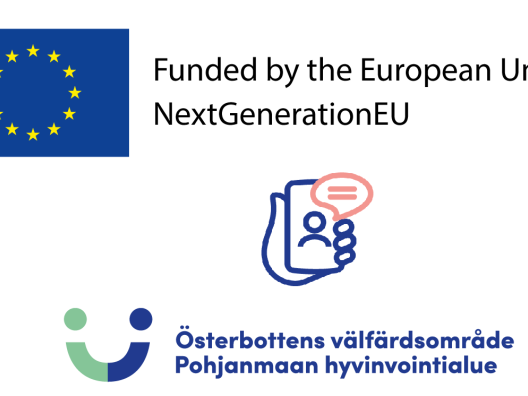 EU-logo, pohjanmaan hyvinvointialueen logo, kuva missä kännykkä kädessä
