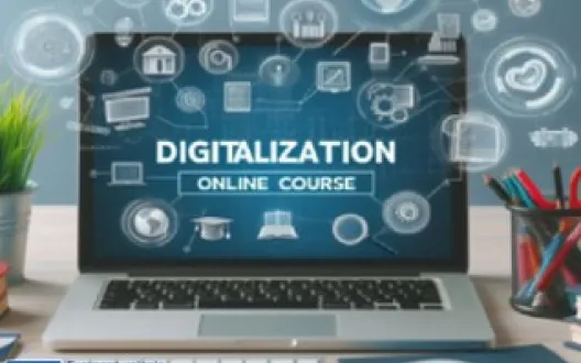 Tietokoneen näytöllä digitalization-teksti. EU-lippu - Euroopan unionin rahoittama NextGenerationEU
