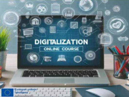 Tietokoneen näytöllä digitalization-teksti. EU-lippu - Euroopan unionin rahoittama NextGenerationEU