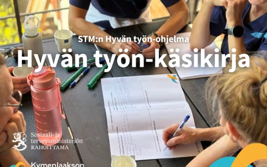 Kansikuva, STM.n hyvän työn-ohjelma, hyvän työn-käsikirja. Kymenlaakson hyvinvointialue, STM:n rahoittama.