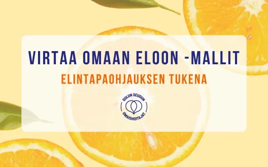 Kuvassa kuvituksena appelsiineja vaalean keltaisella pohjalla. Keskellä teksti: Vritaa omaan eloon -mallit elintapaohjauksen tukena sekä Oulun seudun omaishoitajat -yhdistyksen logo.