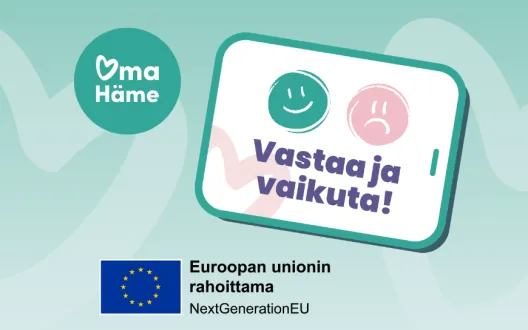 Kuvassa Oma Hämeen ja EU:n logo sekä kaksi hymiötä