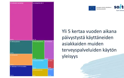 Kansikuva: Kuvio yli 5 kertaa vuoden aikana päivystystä käyttäneiden asiakkaiden muiden terveyspalveluiden yleisyys