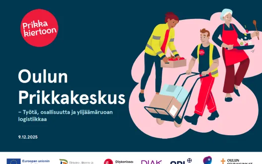 Piirroskuva Prikan työntekijöistä, Prikka-hankkeen logo, rahoittajan logot ja hankeorganisaatioiden logot