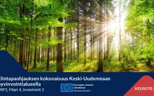 Kansikuva. Elintapaohjauksen kokonaisuus Keski-Uudenmaan hyvinvointialueella. RRP2, Pilari 4, Investointi 2. Euroopan unionin rahoittama.