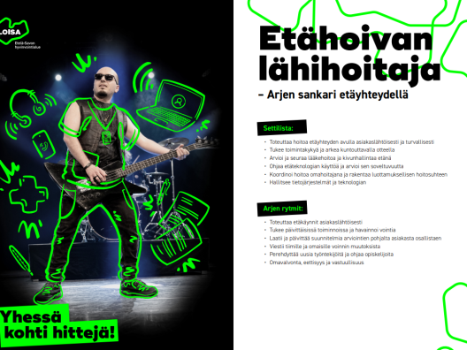 Kuvassa rokkarityylinen kuva etähoivan lähihoitajasta "arjen sankari etäyhteydellä"