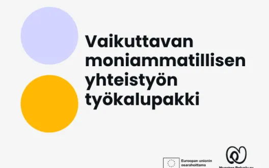 Valkoisella pohjalla graafisia elementtejä ja teksti "Vaikuttavan moniammatillisen yhteistyön työkalupakki"