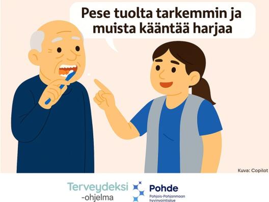 Kotihoidon ammattilainen ohjaa ikäihmistä hampaiden pesun hyvään lopputulokseen.