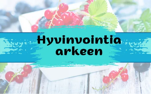 Hyvinvointia arkeen -teksti, taustalla kulhossa marjoja