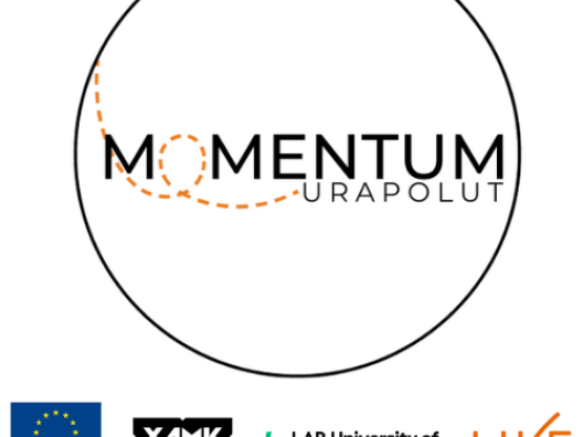 Momentum hankkeen logo, jossa valkoisella pohjalla hankkeen logo mustalla kirjoitettuna "Momentum urapolut", alla kuvassa kaikkien hankkeen osatoteuttajien logot: XAMK, LAB ja Live-säätiö sekä Euroopan union osarahoittama-logo