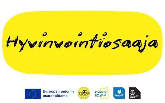 Hyvinvointiosaaja tekstit mustalla keltaisessa soikiossa. Alareunassa 5 logoa.