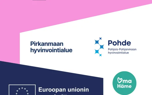 Vaaleanpunaisella, sinisellä ja valkoisella pohjalla teksti: TIE-tukea itsenäiseen elämään. Pirkanmaan, Kanta-Hämeen ja Pohjois-Pohjanmaan hyvinvointialueet ja organisaatioiden logot. Euroopan unionin rahoittama ja EU:n lippulogo.