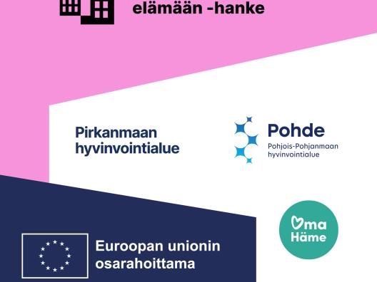Vaaleanpunaisella, sinisellä ja valkoisella pohjalla teksti: TIE-tukea itsenäiseen elämään. Pirkanmaan, Kanta-Hämeen ja Pohjois-Pohjanmaan hyvinvointialueet ja organisaatioiden logot. Euroopan unionin rahoittama ja EU:n lippulogo.