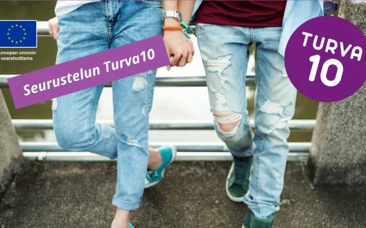 Kuvassa Turva10 logo, teksti Seurustelun Turva10 ja kuvituksena kaksi nuorta seisomassa.