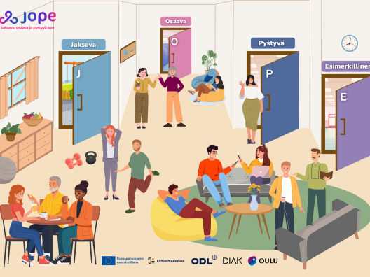 Kuva hyvinvoivista ja jaksavista opettajista taukotilassa, osa kuntoilee, toiset syövät ja osa juttelee tai rentoutuu.