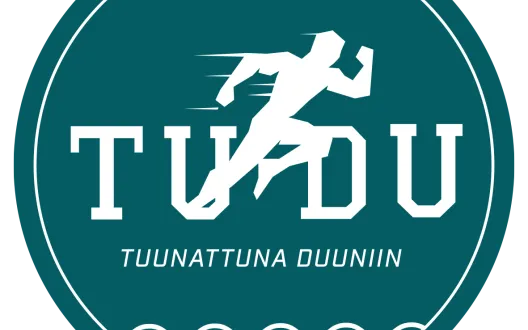 TUDU-hankkeen logo. Pyöreä, vihreä, valkoisella teksti TUDU Tuunattuna Duuniin ja juokseva hahmo